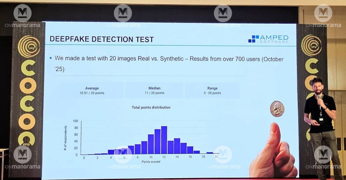 Massimo Luliani, an Italian forensic expert, talks about deepfakes at cOcOn 2025. Photo: Anantha Narayanan/ Onmanorama. 