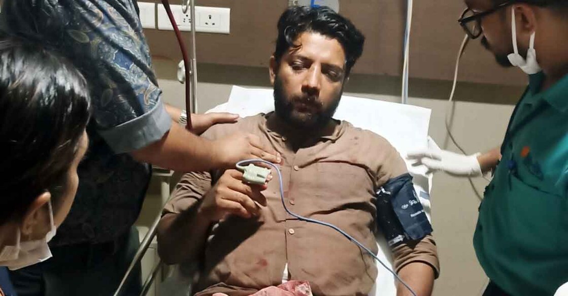 Congress MP Shafi Parambil sustained injuries after police used tear gas to disperse the crowd in Perambra. Photo: Special arrangement