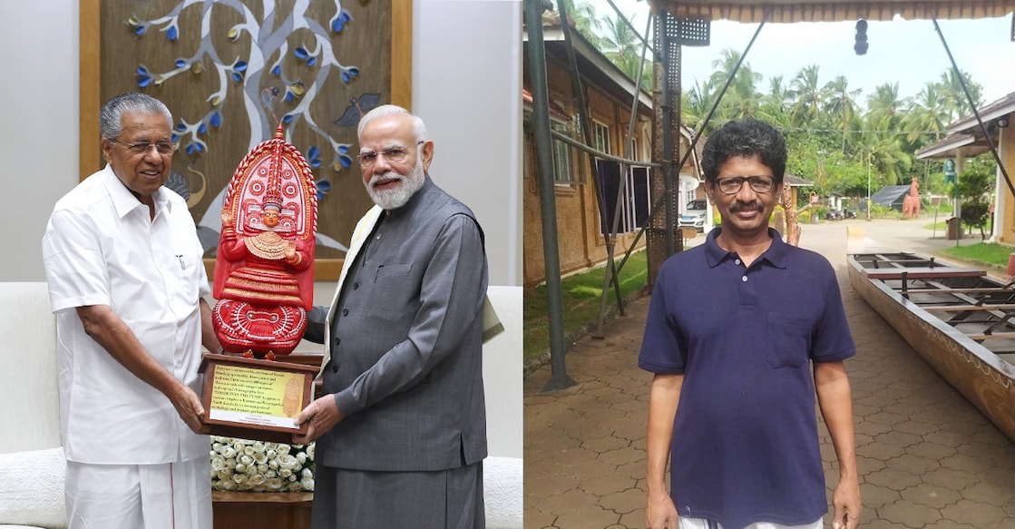 Kerala CM Pinarayi Vijayan presenting the Bhairava Theyyam sculpture to PM Modi (left), and Sundaresan (right). Photo: PMO/Facebook/Special Arrangement