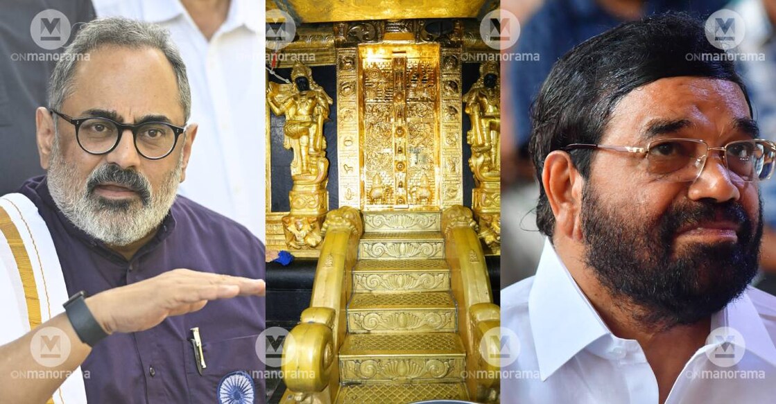 BJP Kerala chief Rajeev Chandrasekhar, Sabarimala temple sanctum sanctorum and Devaswom Minister VN Vasavan. Photo: Manorama Archives