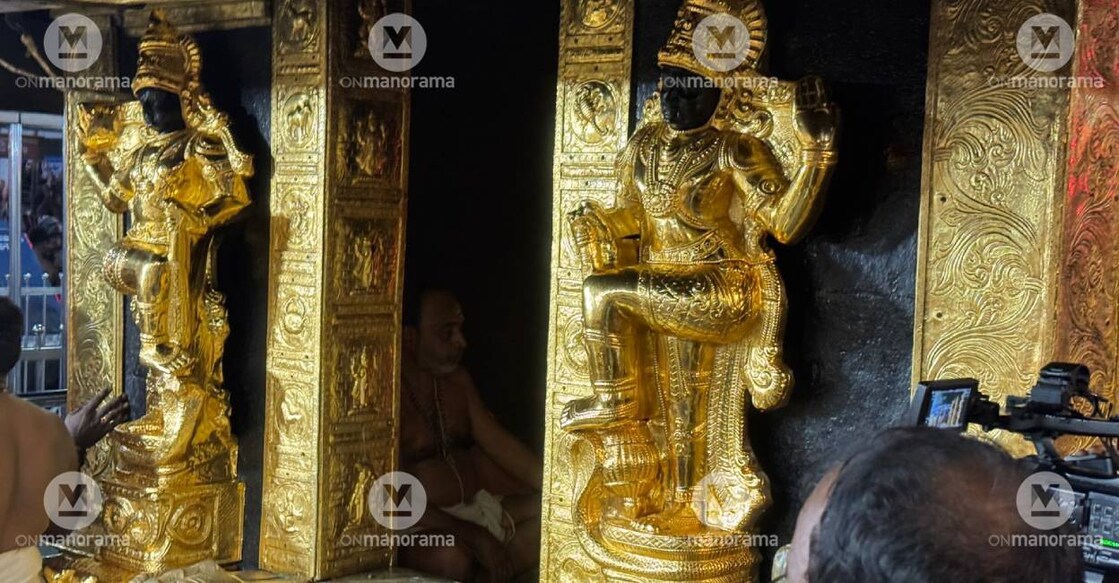 Dwarapalaka idols at Sabarimala after reinstallation of gold-clad plates. Photo: Harilal/ Manorama