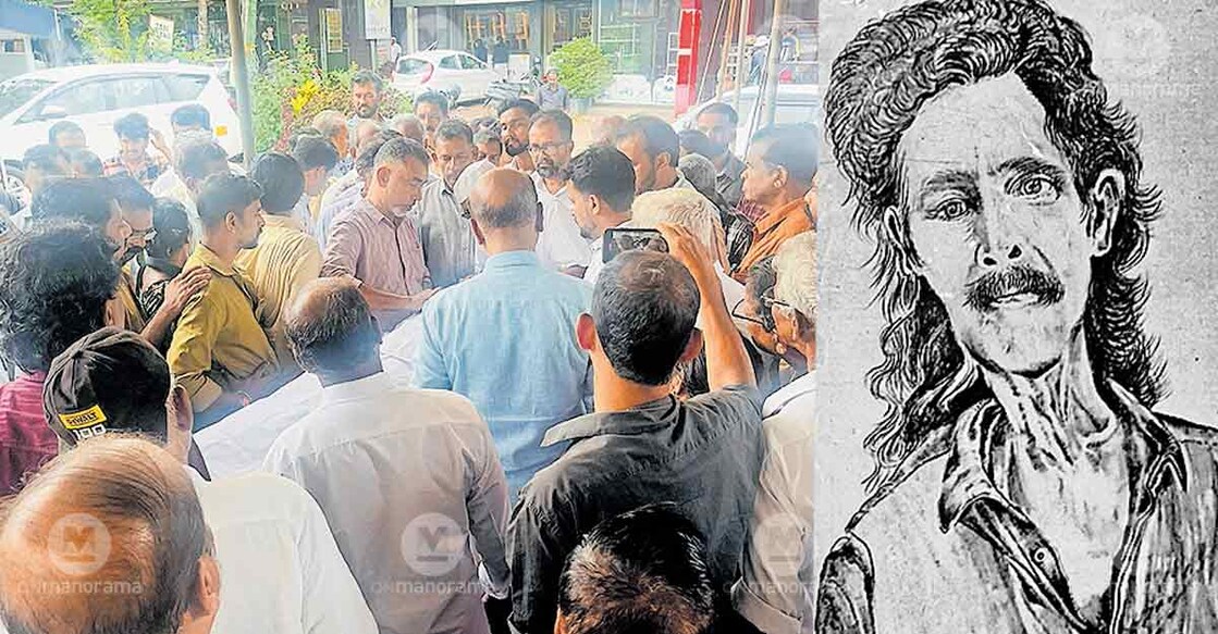 People paying their last respects to Moithu during a public viewing at Thrikkarippur bus stand (L) and an artist's sketch of Moithu. Photo: Special arrangement