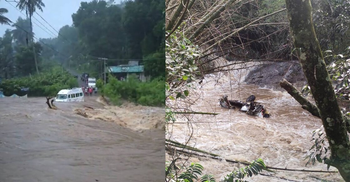 1) Around six in the morning, the current strengthened again. The water lifted the van off the ground — a four-tonne vehicle — and swept it away. 2) About 500 metres downstream, the vehicle got trapped in a deep pothole in the river. Photos: Special Arrangement. 