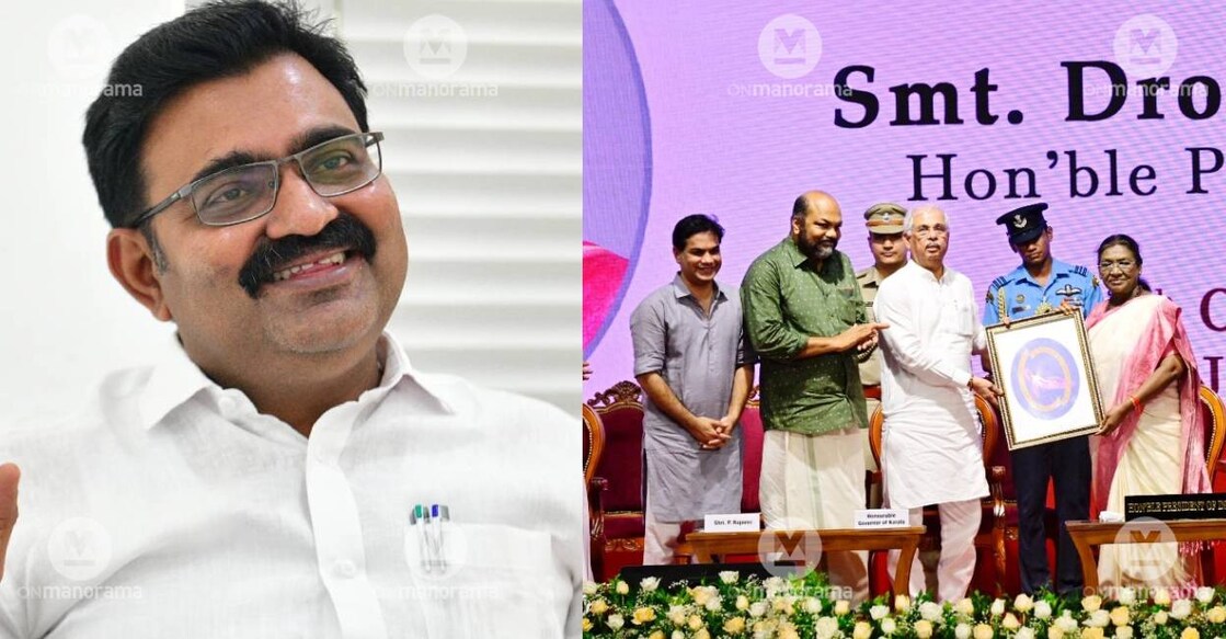 Kochi Corporation mayor Anil Kumar (L) and President Droupadi Murmu at an event in St. Teresa's College (R). Photo: Manorama Archives