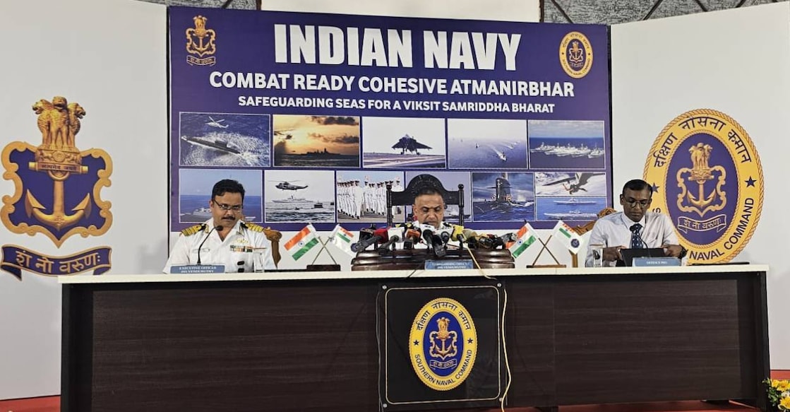 From L to R, INS Venduruthy Executive Officer Captain Ravi S Nair, Commanding Officer Commodore VZ Job and Defence PRO Commandee Atul Pillai at the press meet.