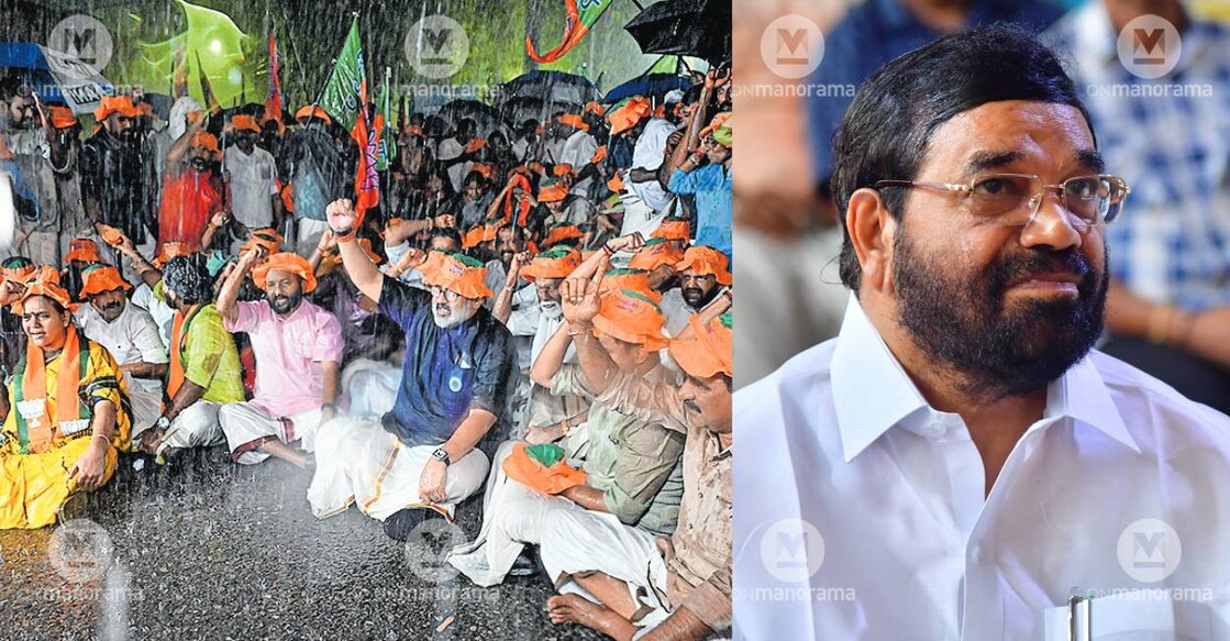 BJP stages protest outside secretariat in Kerala (L) and Devaswom Minister V Vasavan (R). Photo: Manorama Archives