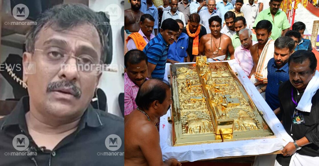 This combination of photos shows Govardhan, who sponsored the door of the Sabarimala Ayyappa temple sanctum sanctorum (L), and the new door being taken to the temple in 2019 (R) . Photo: Manorama News and Manorama Archives.