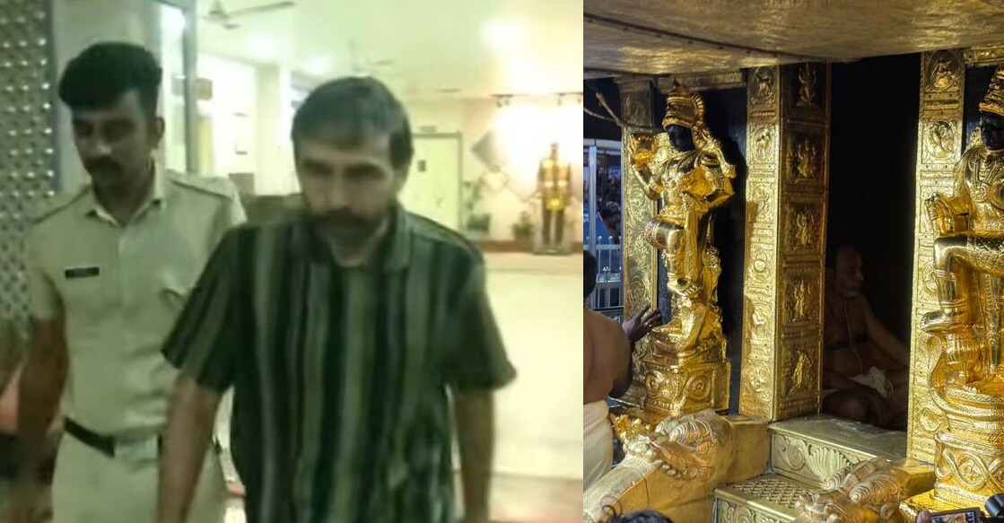 SIT takes Unnikrishnan Potty for evidence collection (L) and Dwarapalka idols at Sabarimala temple (R). Photo: Manorama
