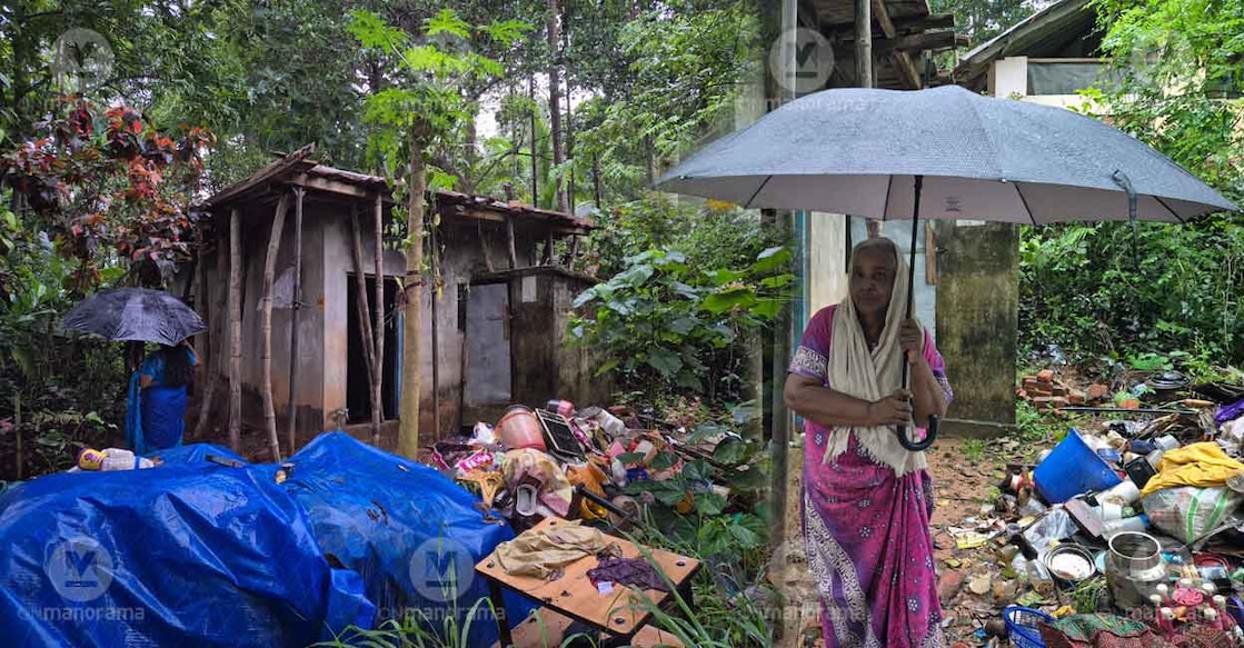 Vasantha's 'under reconstruction' house. Her household items scattered outside. Photo: Onmanorama