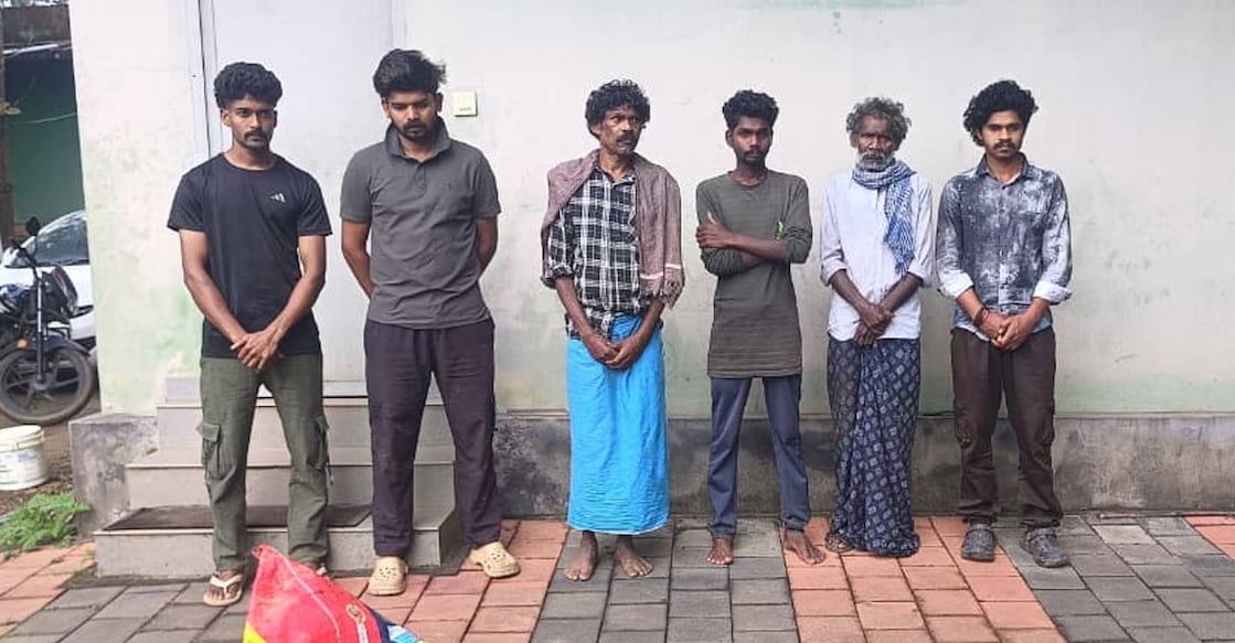 The accused have been identified as Irulam natives Saneesh (23), Appu (60), Bineesh Kumar (29), and Rajan (55), along with M Prajith (26) and Ajeesh (27) from Mananthavady. Photo: Special Arrangement. 