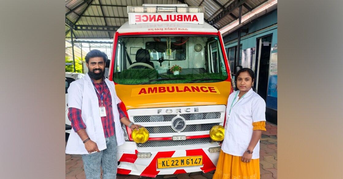 Ambulance driver Naisal N and Emergency Medical Technician Rani Saritha Bhai. Photo: Special arrangement