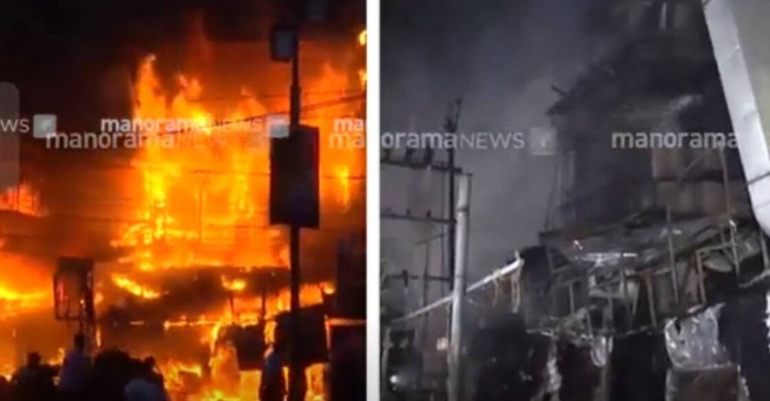 A view of the fire that engulfed KV Complex in Taliparamba (L) and a shop gutted in the flames (R). Photo: Manorama News