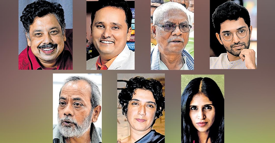 Anand Neelakantan, Amish Tripathi, Manoranjan Byapari, Manu S Pillai, Dhirendra Jha, Ananya Bajpayee and Sindhu Rajendran. Photo: Manorama Online
