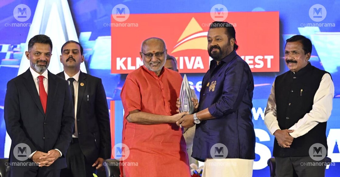 Vice President C P Radhakrishnan presents the Manorama News Maker 2024 award to Union Minister Suresh Gopi at a function held in Delhi. Photo: Manorama. 