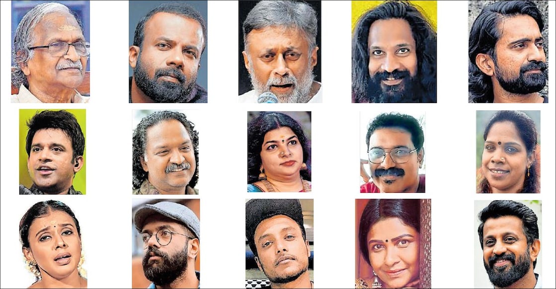 Sreekumaran Thampi, Jakes Bejoy, Sanjay Subrahmanyan, Martin Oorali, James Thakara, Stephen Devassy, Sreevalsan J Menon, Dr N J Nandini, Dr Shine Priyadarshan, Praseetha Chalakudy, Sithara Krishnakumar, Govind Vasantha, Suhail Koya, Bineetha Ranjith and Job Kurian. Photo: Manorama Online
