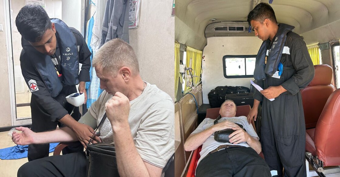 The Coast Guard medical assistant administering the Ukrainian national. Photo: X/@DefencePROkochi