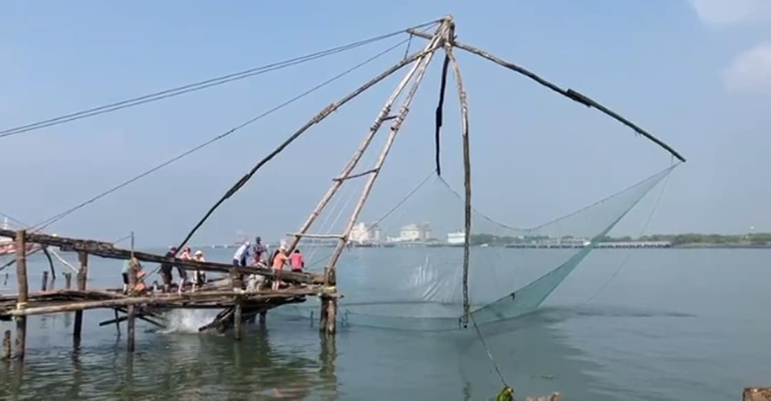 The wooden platform of a Chinese fishing net (Cheenavala) at Vasco da Gama Square is seen collapsing. Photo: Special Arrangement