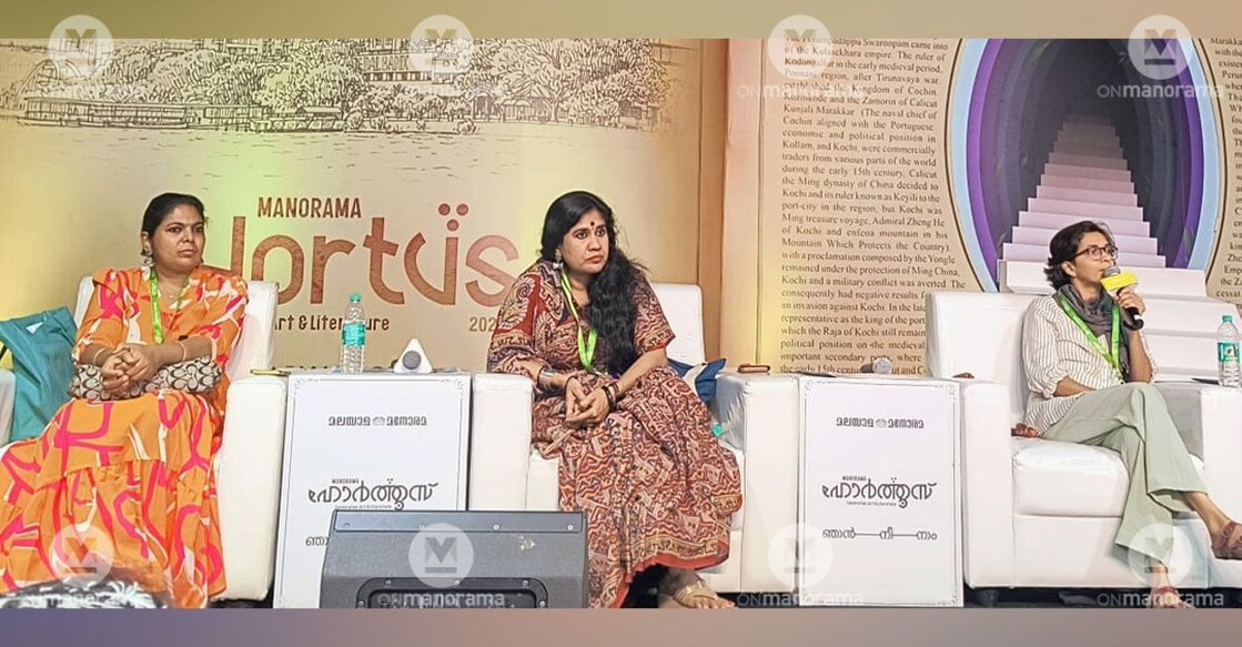 (From Left) Writers Sithara, Latha Lekshmi and E K Shahina at Manorama Hortus 2.0. Photo: Onmanorama