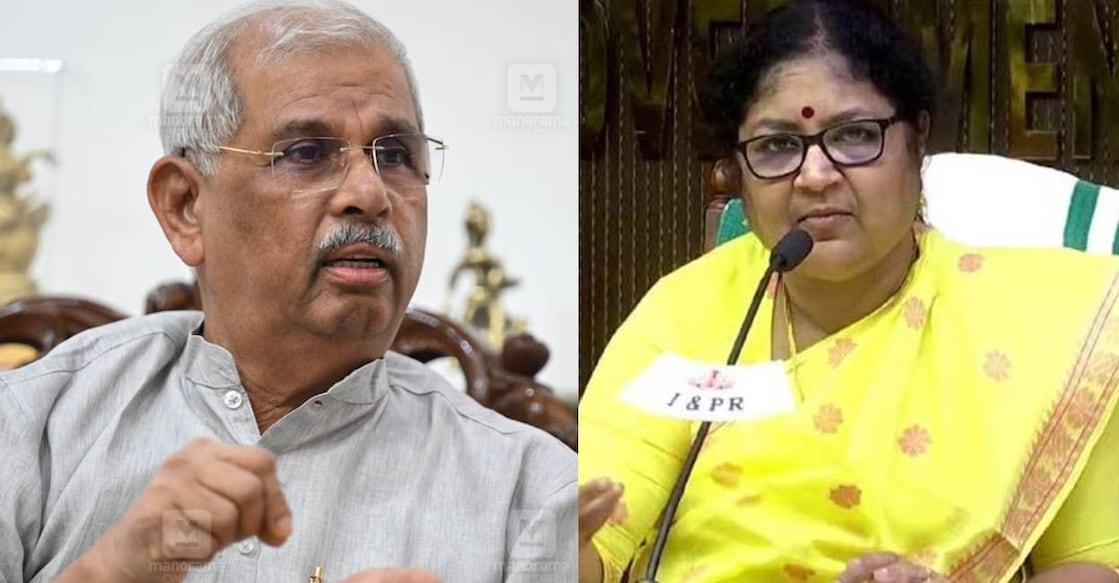 Kerala governor Rajendra Arlekar and Higher Education Minister R Binu. Photo: Manorama Archives