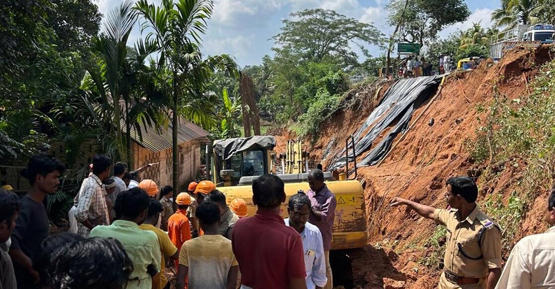 The incident occurred around 12.30 pm near the Peruvammuzhi bridge, where widening work of the national highway is underway. Photo: Special arrangement.