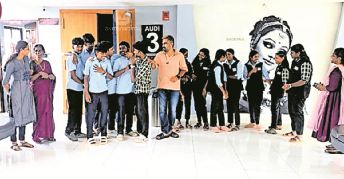 Students of Kisumam Higher Secondary School at RD Cinemas, Mundakayam. Photo: Manorama