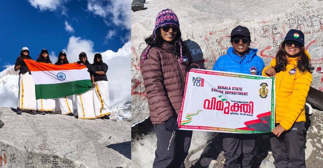 1) The five-member gang at the Everest Base Camp. 2) Aswathi, Ramshi and Ajithamol with the Vimukthi flag. Photos: Special Arrangement. 