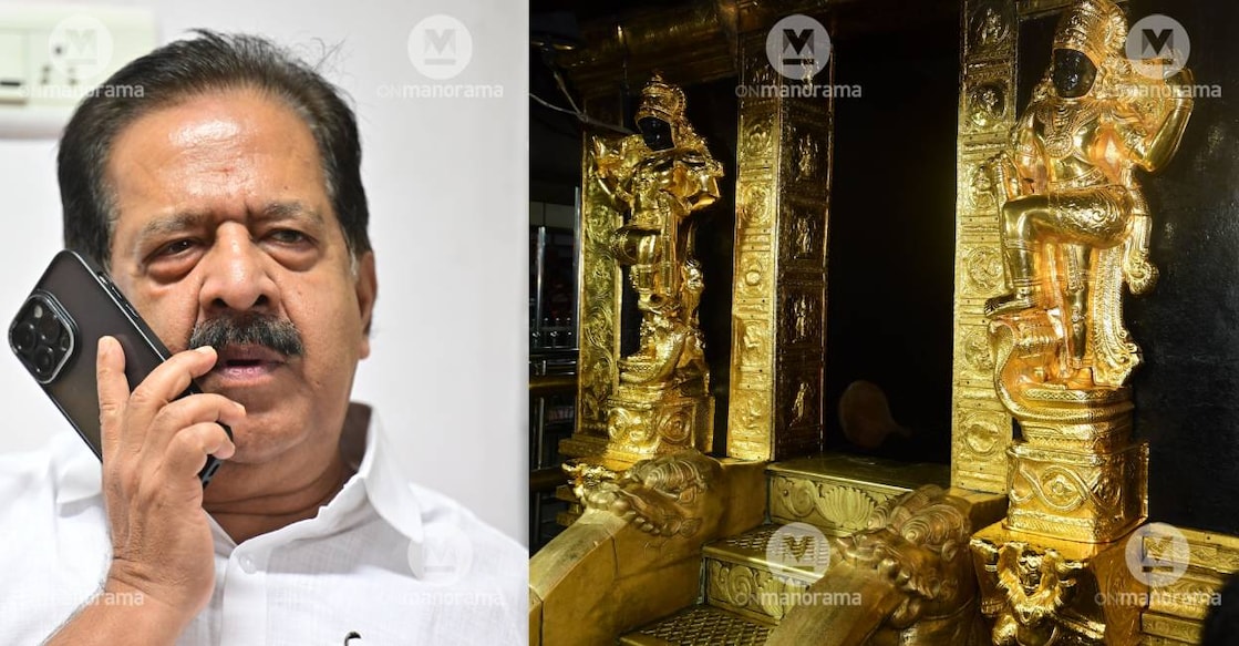 Ramesh Chennithala and Dwarapalaka idols at Sabarimala temple. Photo: Manorama Archives