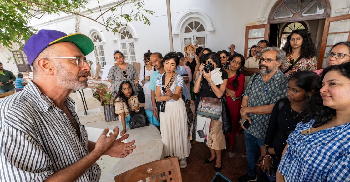 Kochi-Muziris Biennale Curator Nikhil Chopra interacting with the media on Thursday. Photo: Special Arrangement. 