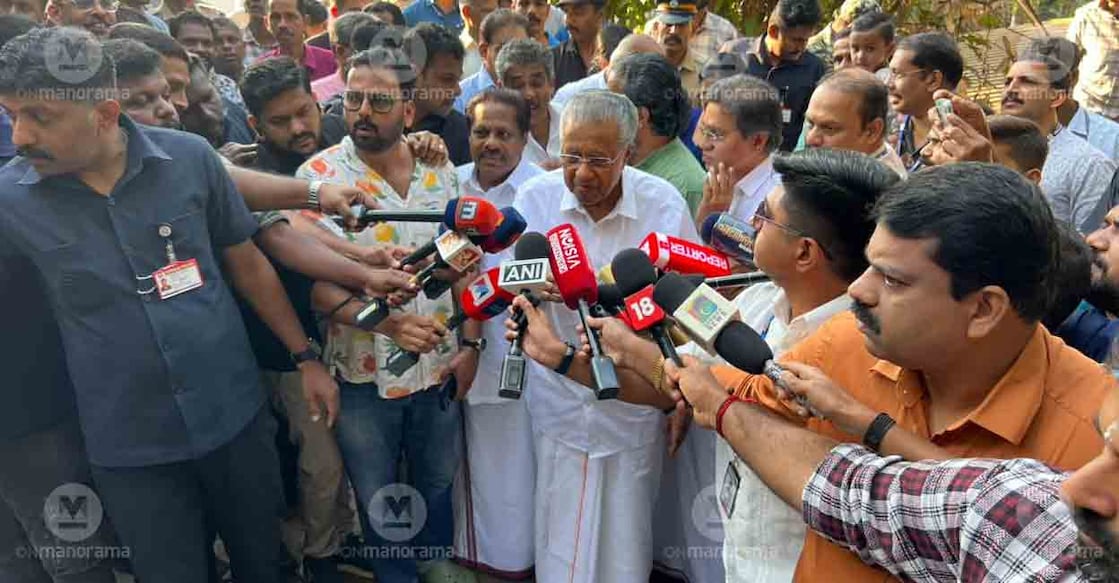 Chief Minister Pinarayi Vijayan speaks to the media in Kannur after casting his ballot. Photo: Manorama