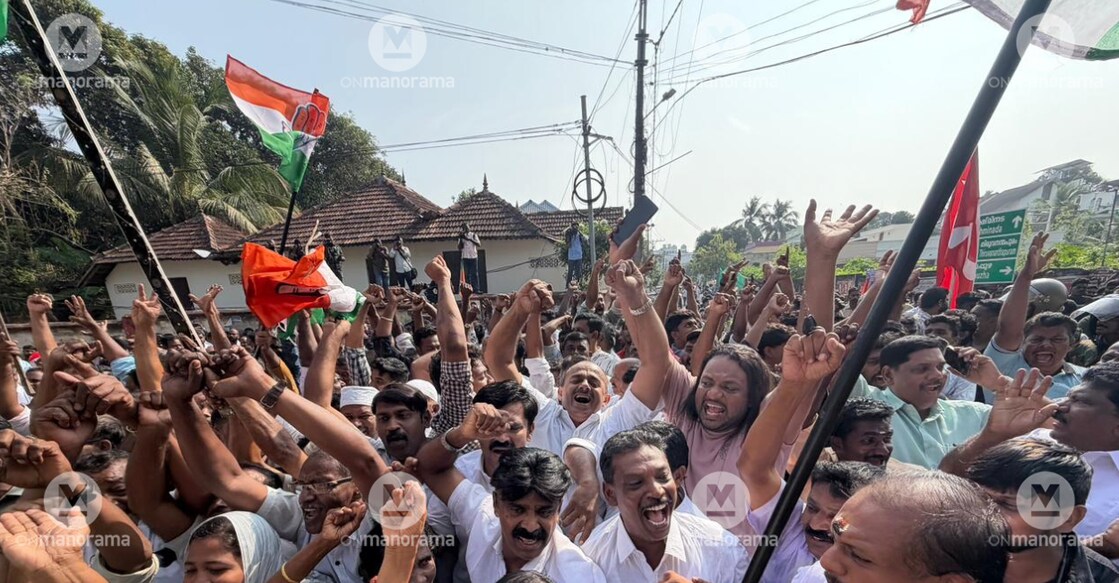 Party workers from LDF and UDF in Kollam gather on the counting day of the 2025 local body polls. Photo: Manorama