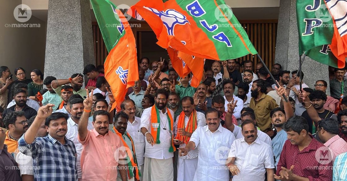 BJP workers celebrate victory in Thiruvananthapuram. Photo: Manorama