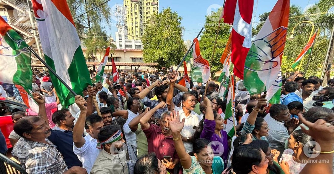UDF workers celebrate their victory in the local body polls. Photo: Manorama