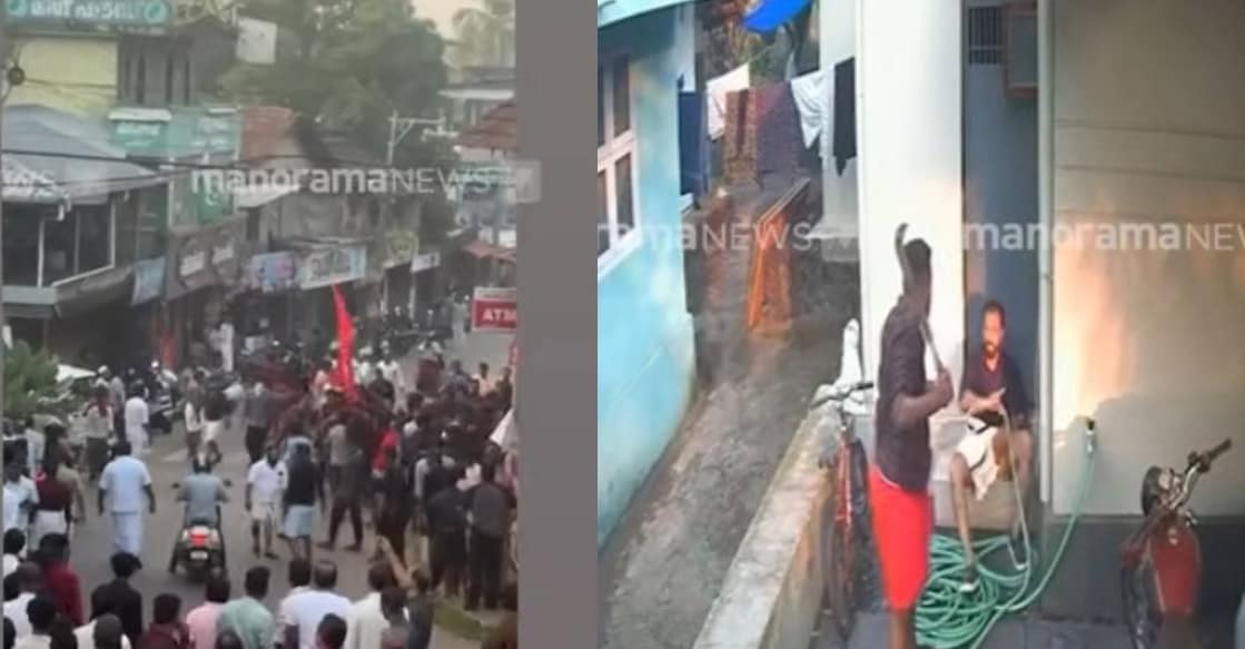 CPM workers trigger violence at Panoor in Kannur after poll results. Photo: Screengrab of CCTV visuals / Manorama News