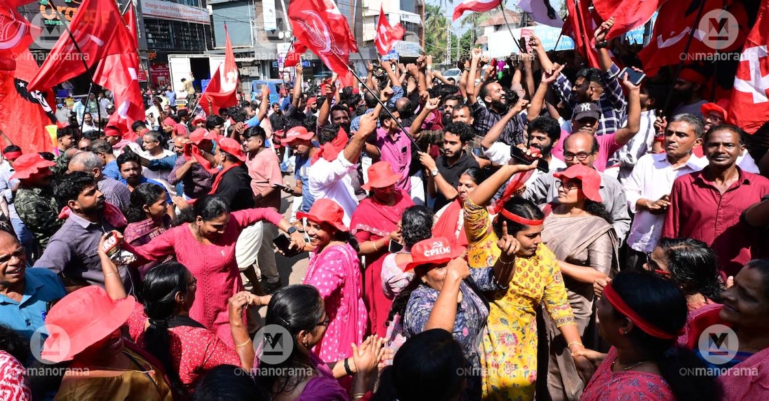 LDF workers celebrate victory in Vadaka municipality. Photo: Manorama