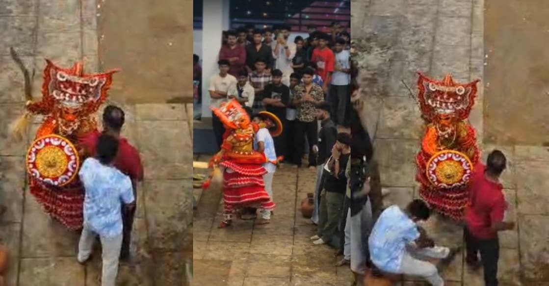 The combination of pictures shows how Theyyam struck the man with a wooden shield. Photo: Screengrab from visuals