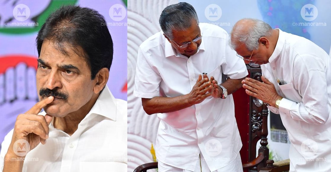 Congress leader KC Venugopal, Kerala Chief Minister Pinarayi Vijayan and Kerala Governor Rajendra Arlekar. Photo: Manorama Archives