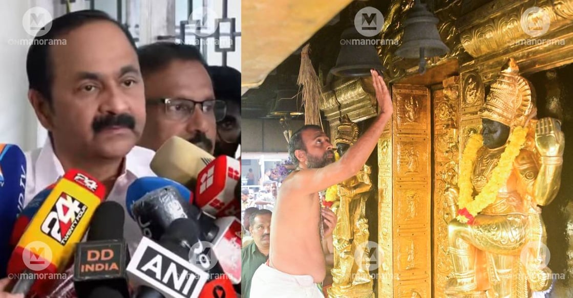 VD Satheesan addresses media in Thiruvananthapuram and a view of Sabarimala temple's sanctum sanctorum. Photo: Manorama 