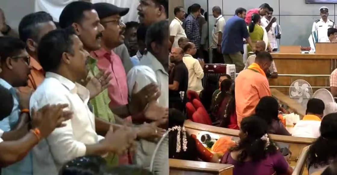 BJP workers singing the ‘Ganageetham’. Photo: Manorama News/Screengrab
