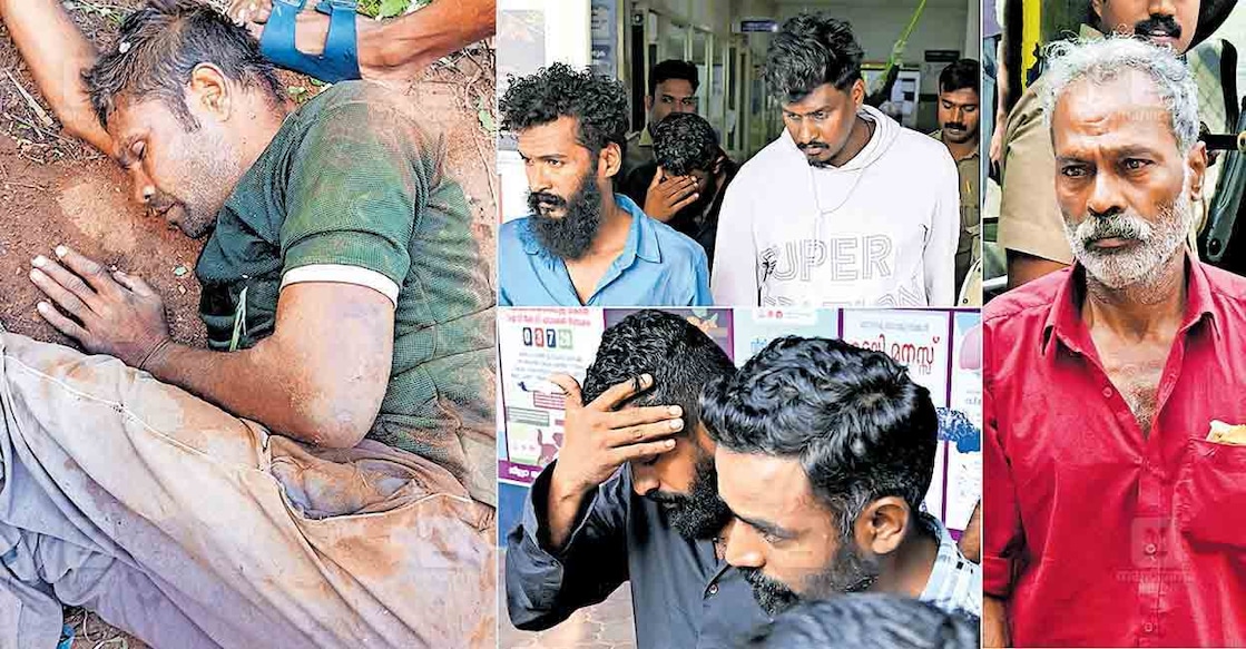 1. A photograph taken by bystanders after Ram Narayan Bhayar collapsed following a mob assault in Walayar. 2. Those arrested in connection with the death of the migrant worker brought to the Palakkad District Hospital for medical examination. Photo: Manorama
