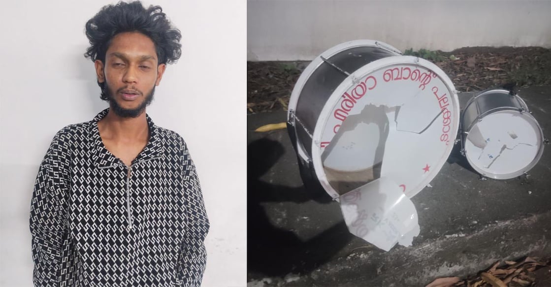 The accused Ashwin Raj, the damaged drums. Photo: Special Arrangement