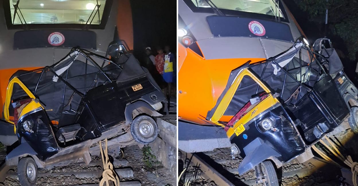 According to Varkala Fire and Rescue Services officials, the autorickshaw driver had entered the track from a road adjacent to the railway line,..Vande Bharat accident, Train accident Thiruvananthapuram, Akathumuri train accident, Vande Bharat autorickshaw collision, Train accident rescue operation, Railway accident India, Train accident investigation, Vande Bharat train safety, Level crossing accident, Indian railway accidents, Train accident news, Thiruvananthapuram accident update, Vande Bharat train schedule, Train accident compensation, Railway safety regulations