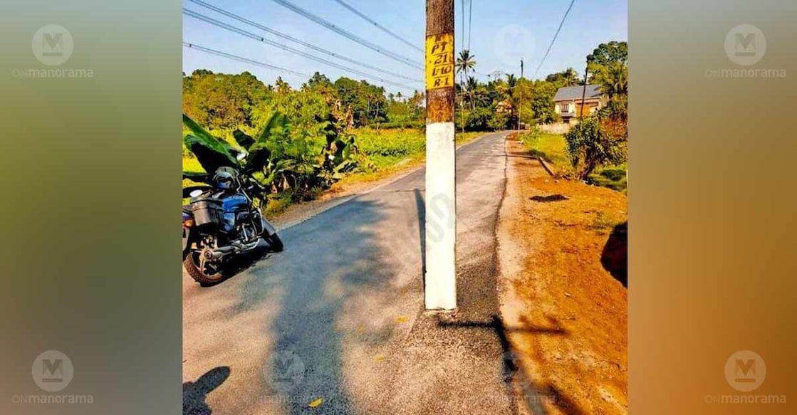 The electric pole that stands in the middle of the recently surfaced road through the Elavumkudy polders. Photo: Special arrangement