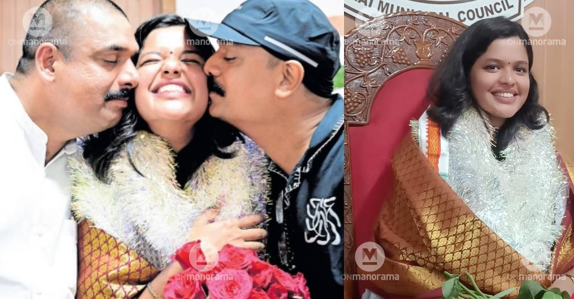 Diya Binu Pulikkakandam celebrates her victory with her father and uncle in Pala municipality. Photo: Manorama