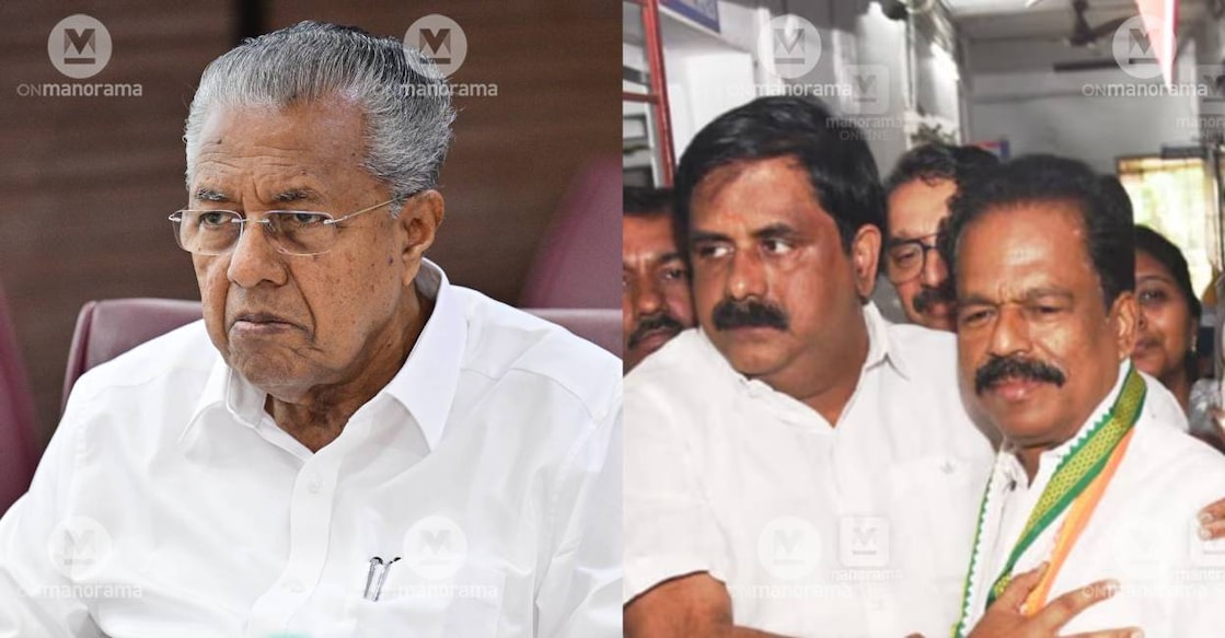 Kerala Chief Minister Pinarayi Vijayan (L) and Congress leader N Subramanian with party workers after getting released from police station. (R). Photo: Manorama