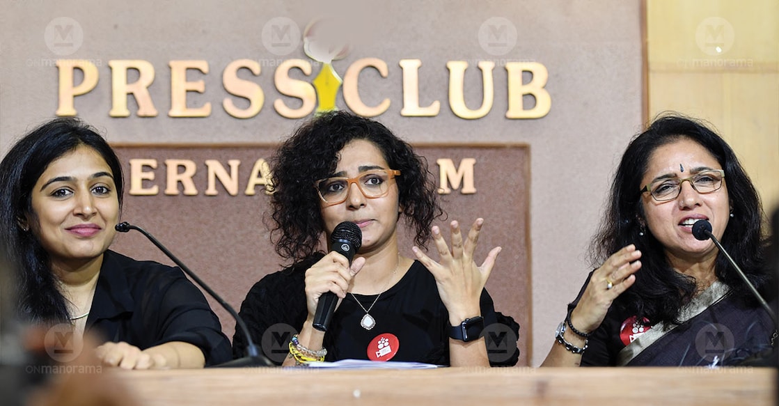 Actors Padmapriya, Parvathy and Revathy at a press conference organised by the Women in Cinema Collective. File photo: Manorama
