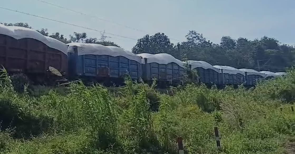 The goods train that derailed near Akamala Sasta Temple at Wadakkanchery. Photo: Special arrangement. 