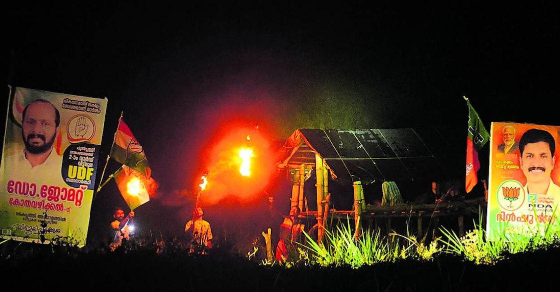 A night time view of the campaign boards near a sentry post set up against wild animals at the Pallichira paddy fields in Pulpally Panchayat. Photo: Manorama 