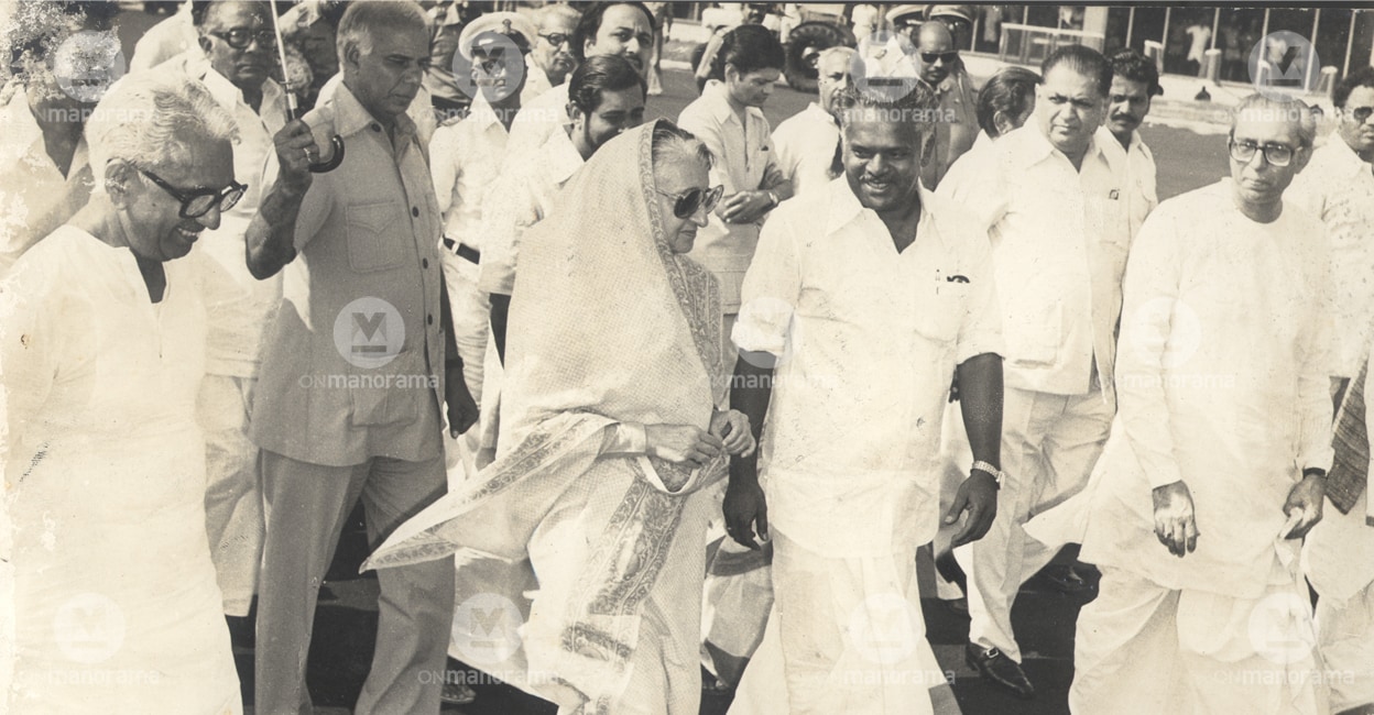 Indira Gandhi during her Kerala visit. K Karunakaran is seen nearby. Photo: Manorama Archives