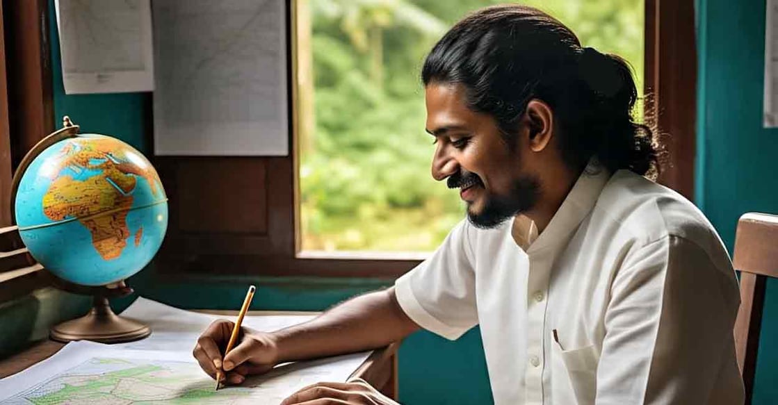 A man drawing a map. Photo: AI-generated / Meta AI