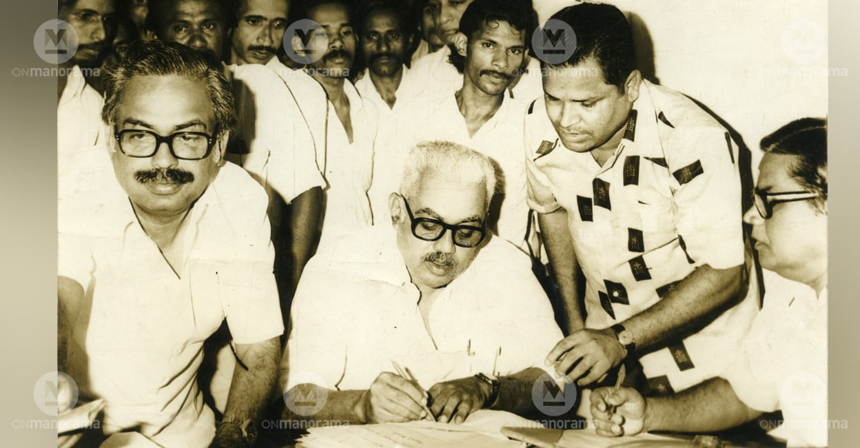 E K Nayanar filing nomination paper for the 1982 Kerala Assembly election. Photo: Manorama Archives.